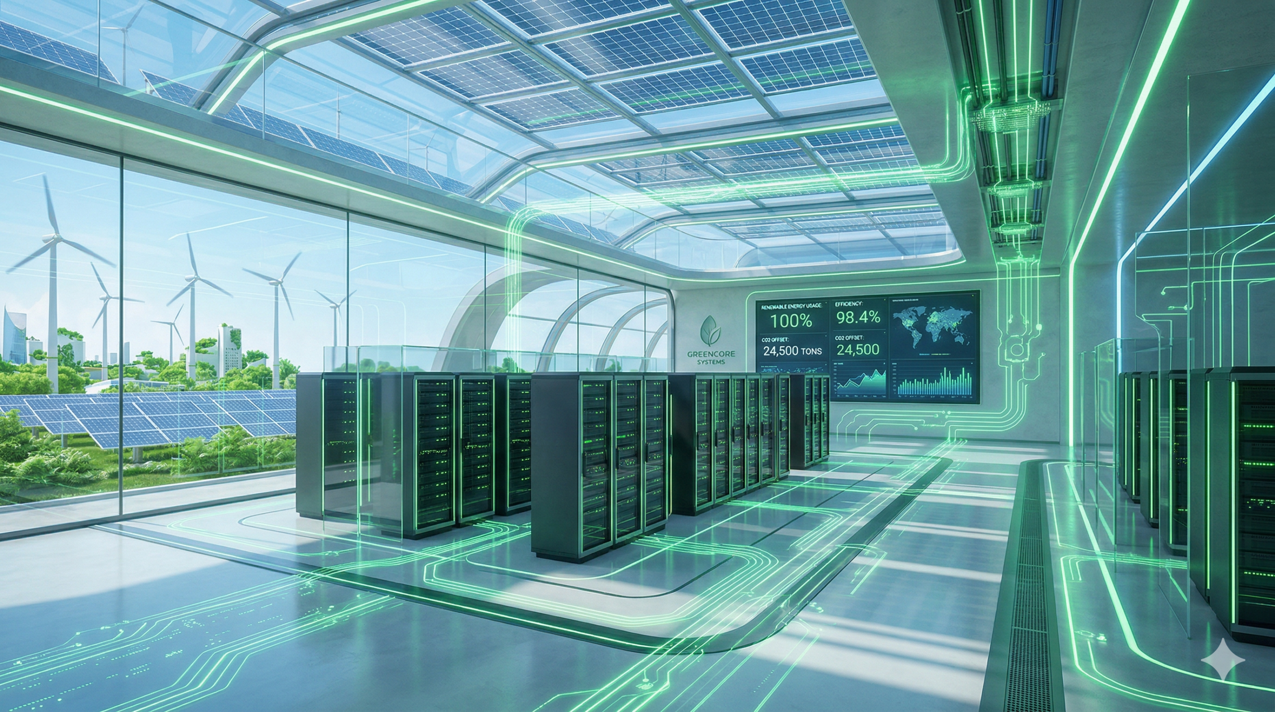 green data center with eco-friendly energy and modern servers